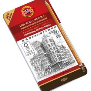 Набор карандашей чернографитных профессиональных трехгранных "KOH-I-NOOR" 1582 (6В-6Н), в металлической коробке, 12 шт